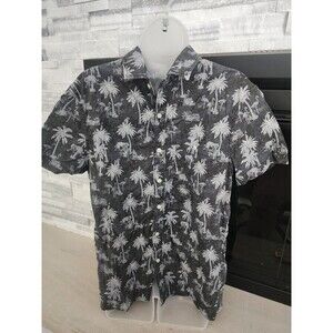 AMERICAN EAGLE SHIRT MENS MED GREY FLAMINGO TIGER PALM HAWAIIAN FLEX BUTTON UP